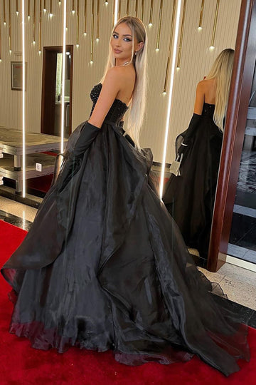 Black A Line Sweetheart Strapless Ball Gown Evening Dress